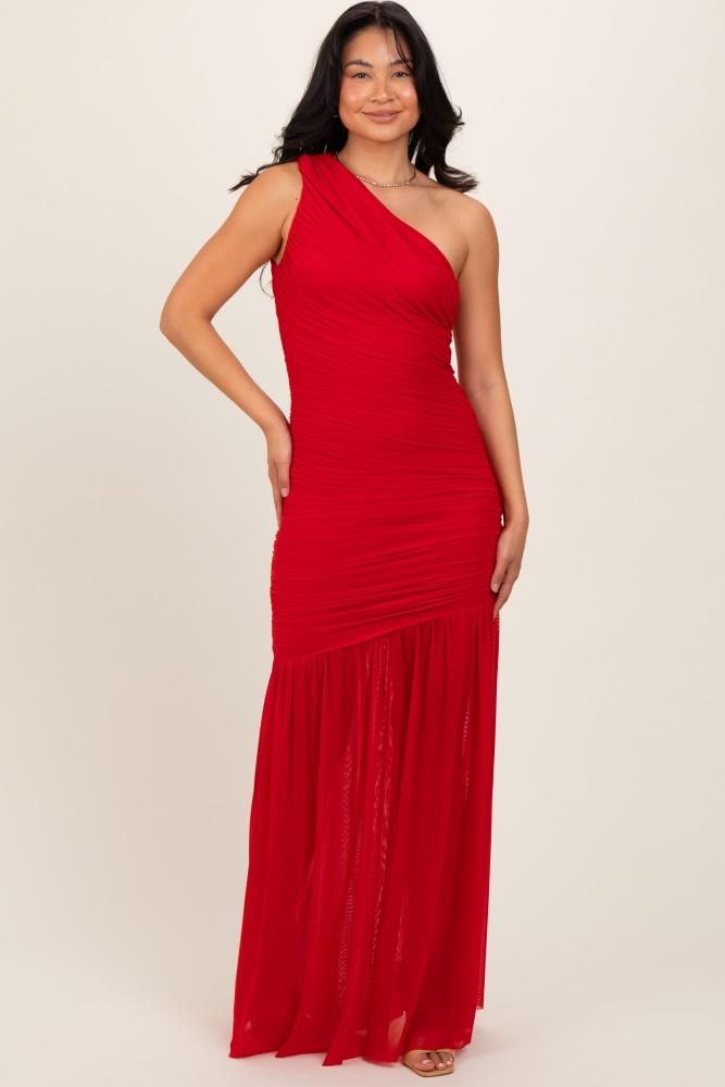 red ruched mesh one shoulder maxi dress