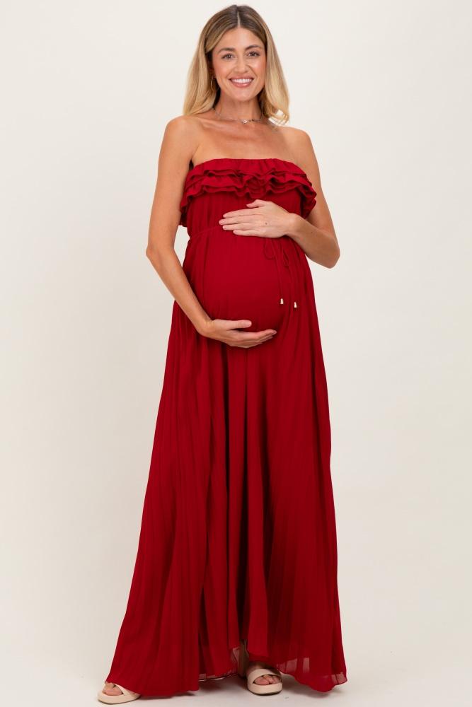 red ruffled chest pleated maternity maxi dress with self tie