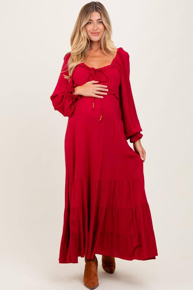 red ruffled fit and flare maternity maxi dress