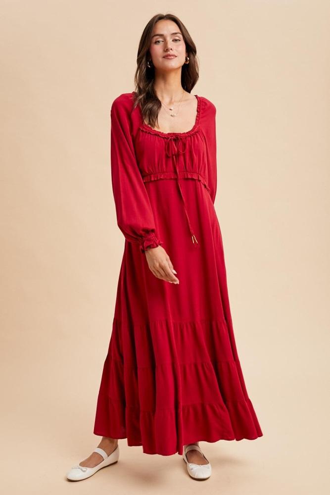 red ruffled fit and flare maxi dress