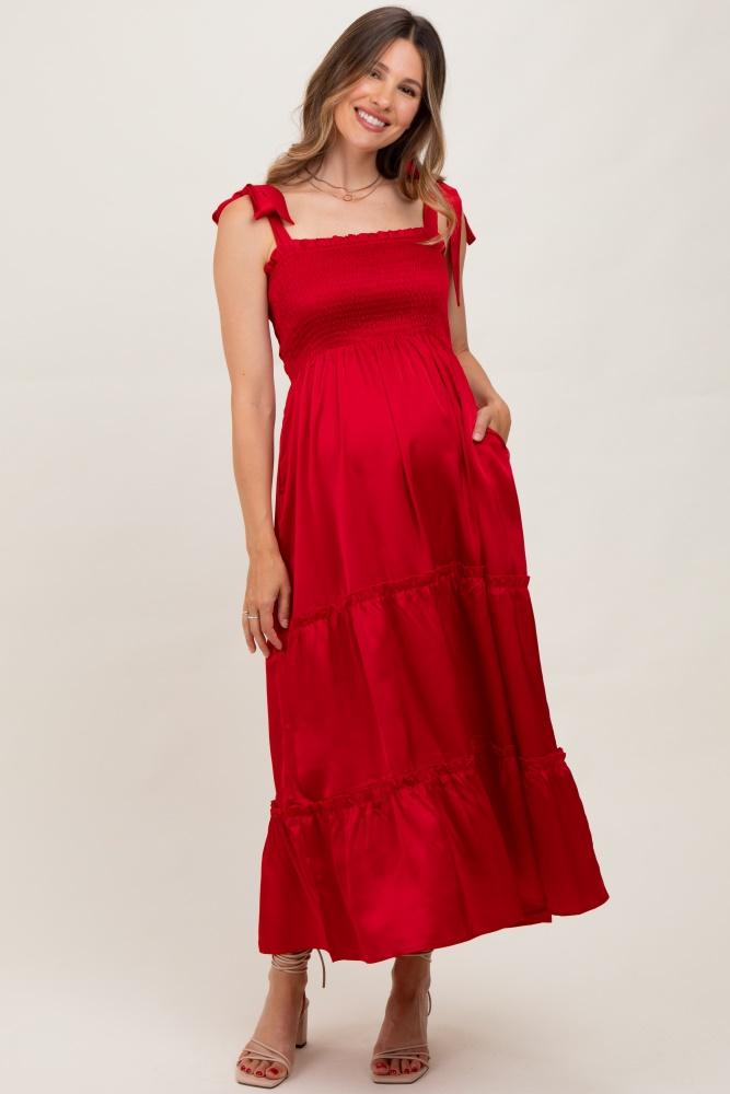 red satin smocked shoulder tie maternity maxi dress