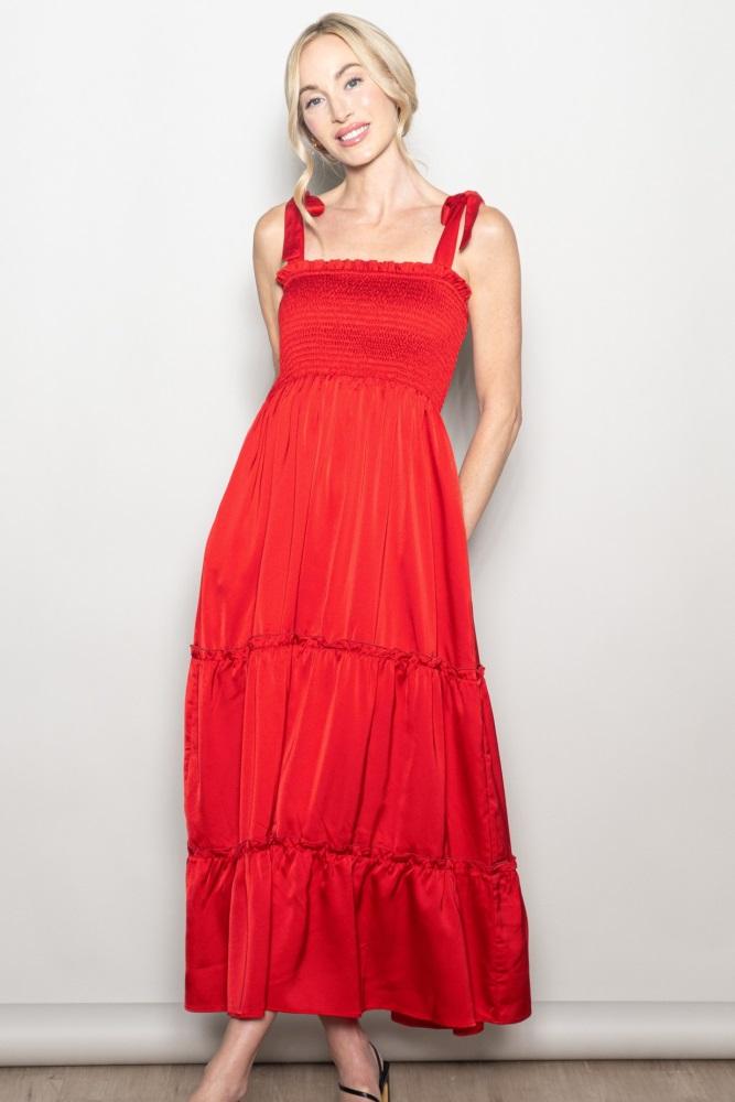 red satin smocked shoulder tie maxi dress