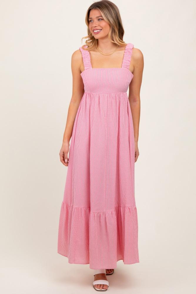 red scrunch strap back tie ruffle maxi dress