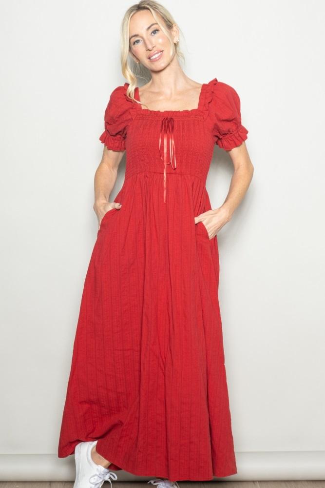 red smocked ruffle accent ribbon tie maxi dress
