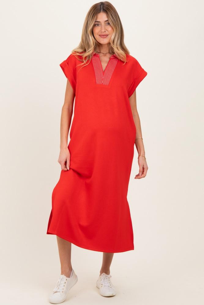 red striped collared side slit maternity midi dress