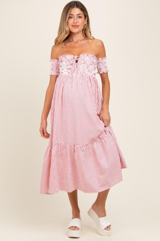 red striped floral colorblock off shoulder maternity midi dress