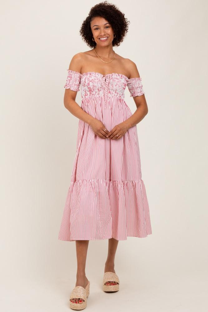 red striped floral colorblock off shoulder midi dress