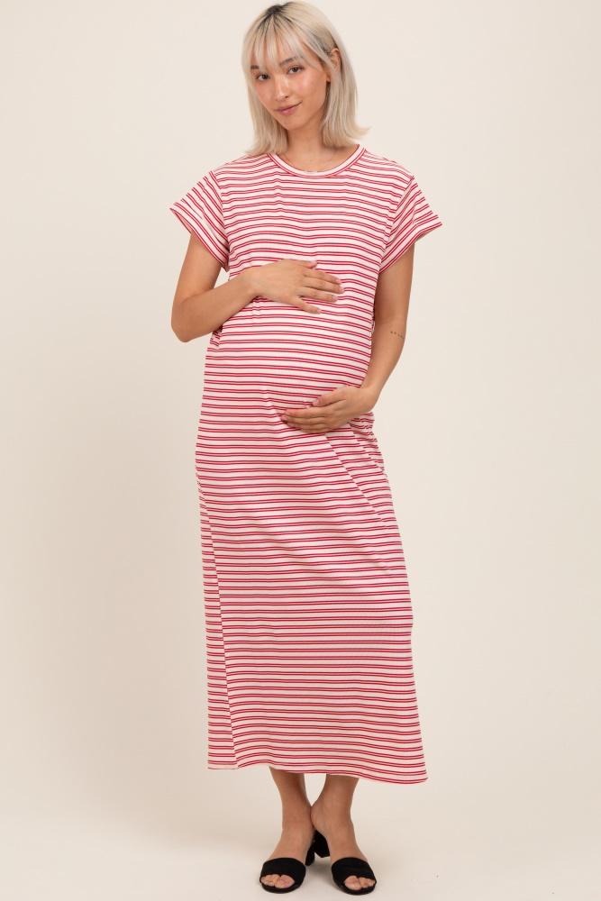 red striped maternity midi t-shirt dress