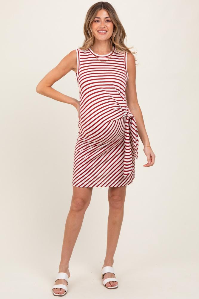red striped sleeveless side tie maternity mini dress