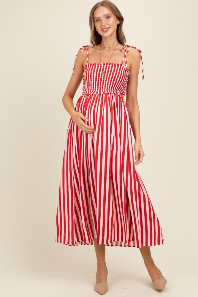 red striped smocked shoulder tie maternity midi dress