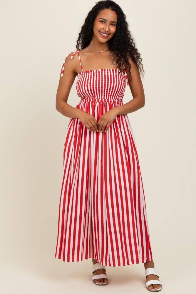 red striped smocked shoulder tie midi dress