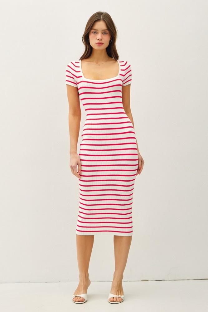 red striped square neck short sleeve midi dress