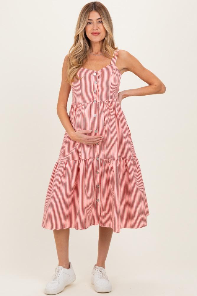 red striped tiered maternity overall dress