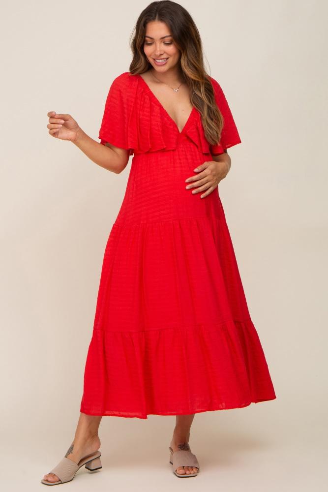 red textured stripe deep v-neck layered sleeve maternity maxi dress