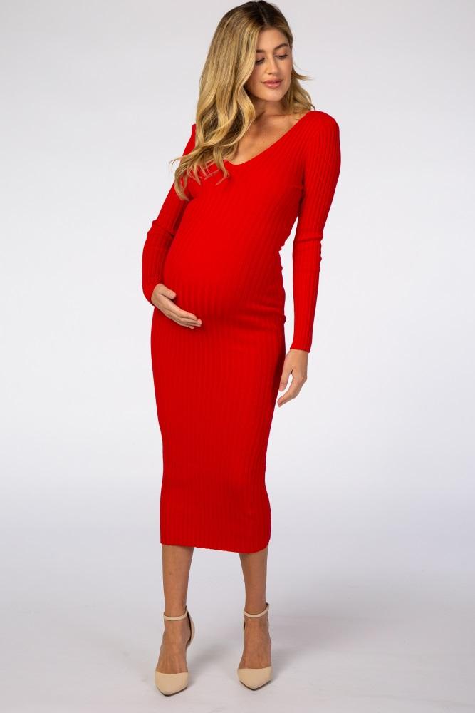 red v-neck long sleeve fitted maternity maxi dress