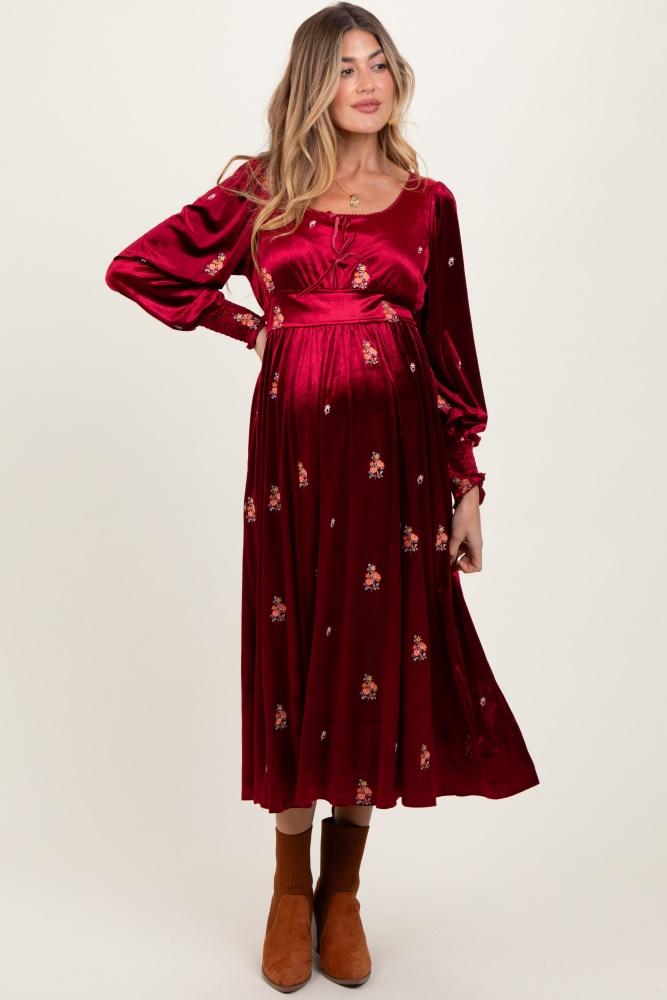 red velvet embroidered floral maternity midi dress