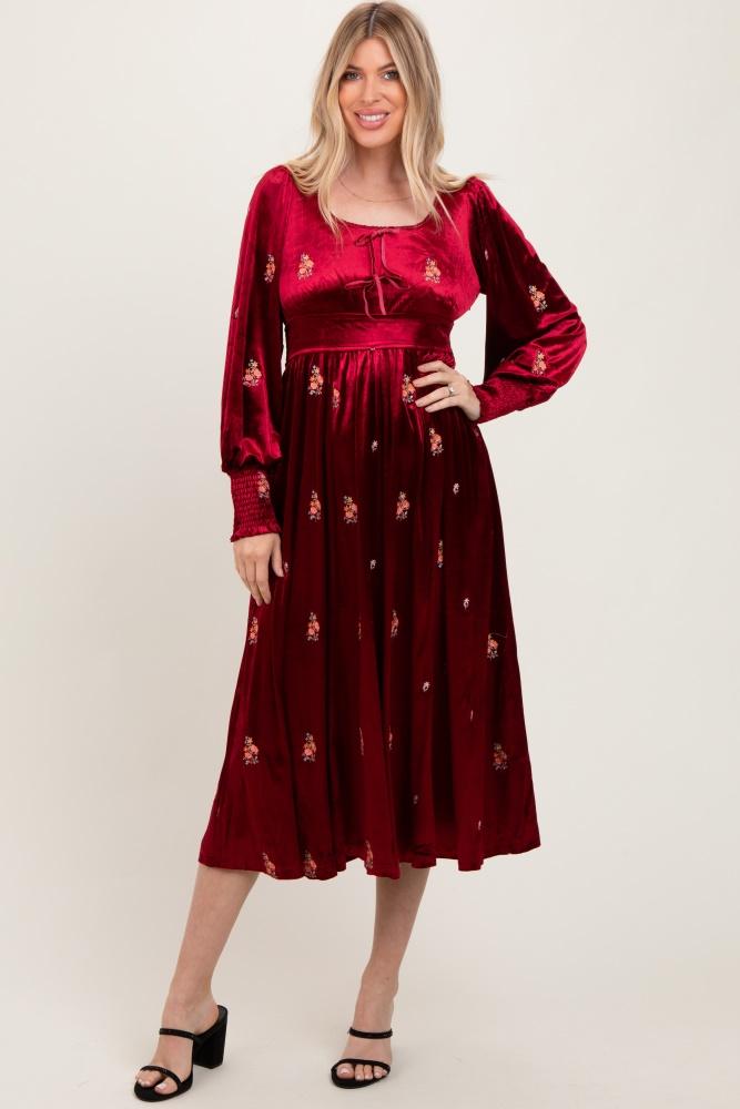 red velvet embroidered floral midi dress