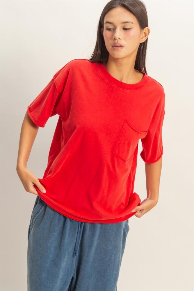 red vintage wash raw edge pocket t-shirt