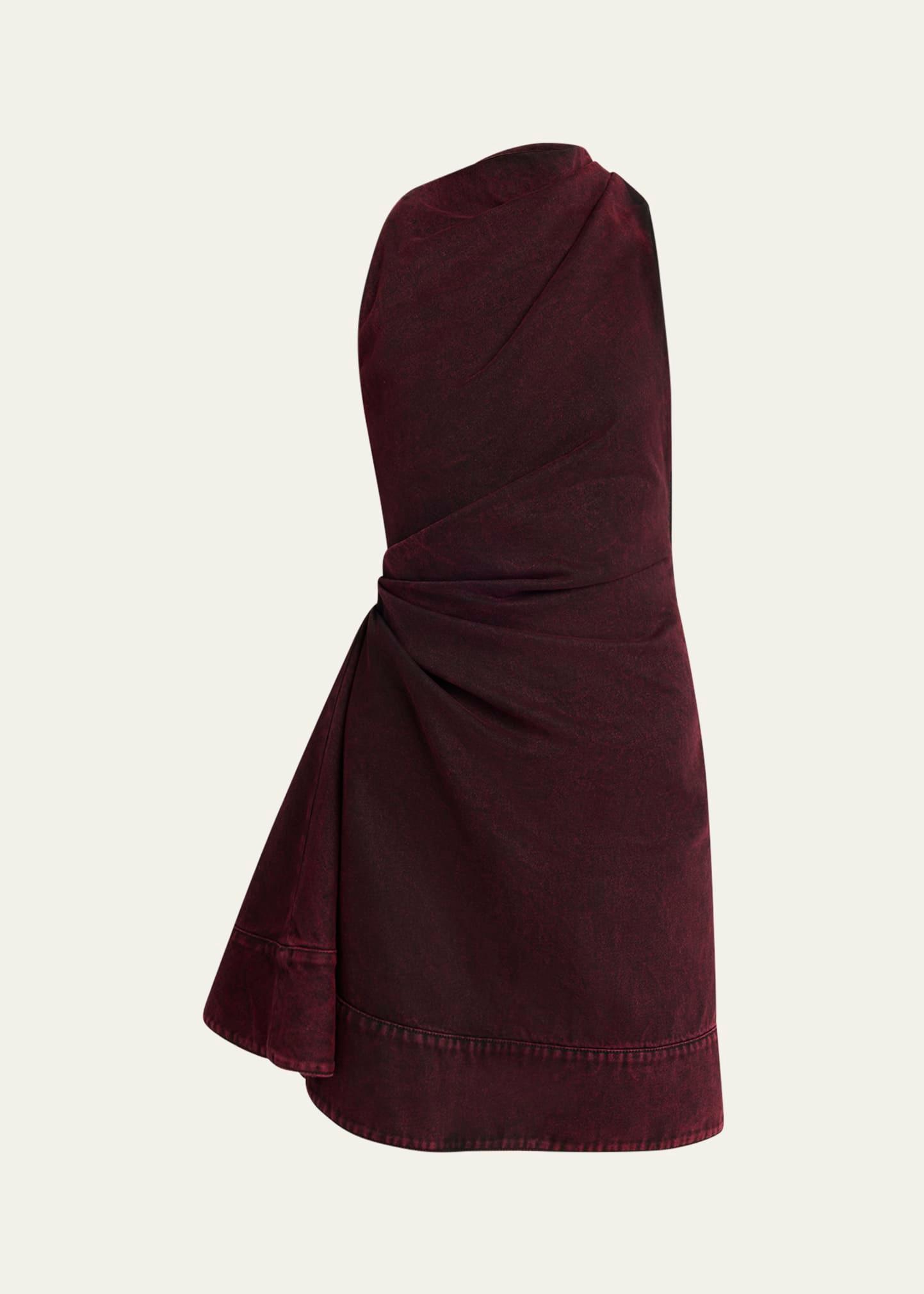 red-wash denim draped sleeveless mini dress