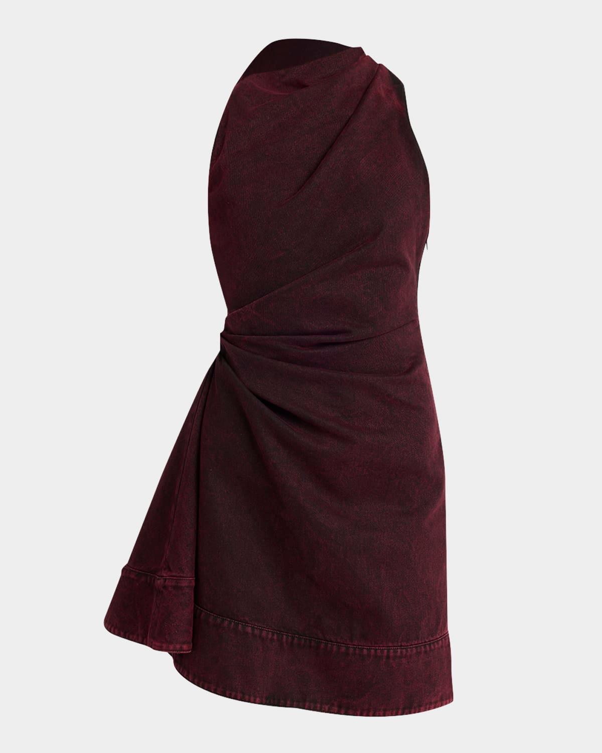 red-wash denim draped sleeveless mini dress