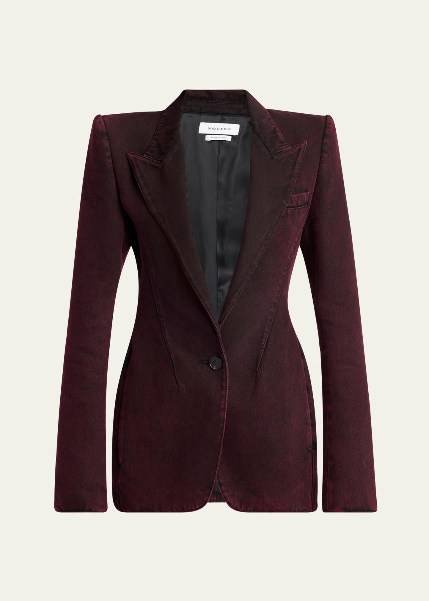 red-wash denim single-breasted jacket