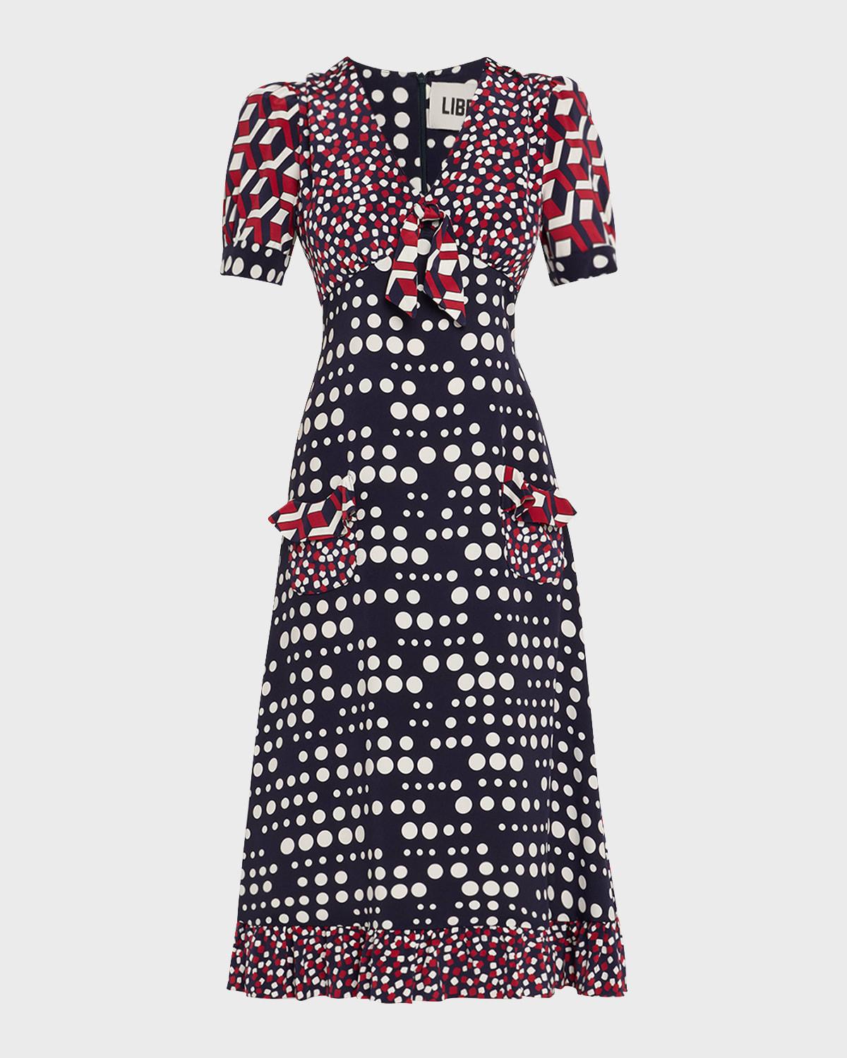 red white and blue mash-up ruffle midi dress