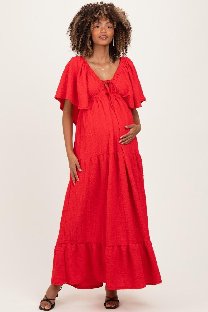 red woven textured flutter sleeve v-neck tiered maternity maxi dress
