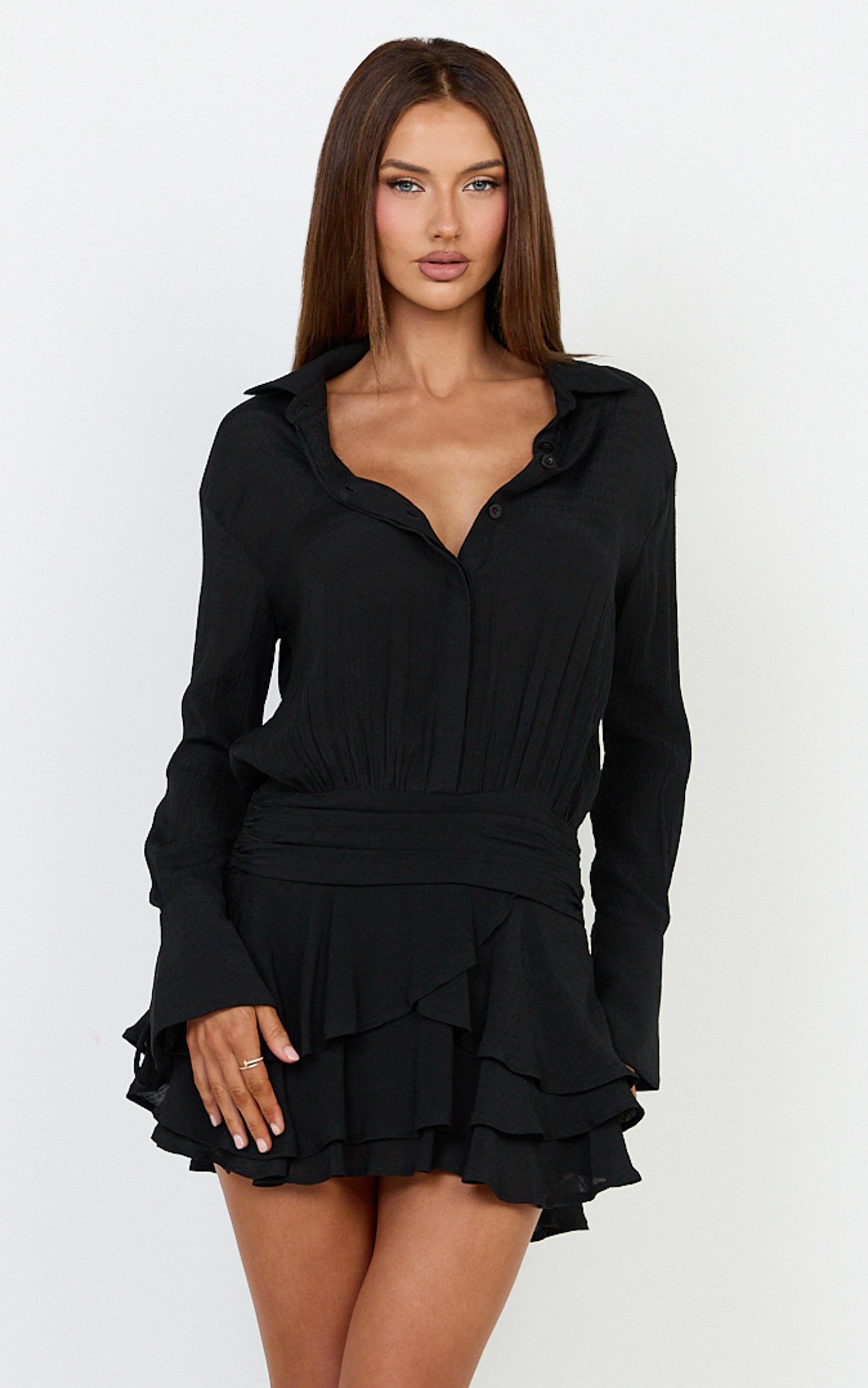 reef mini dress - long sleeve ruffle skirt shirt dress in black