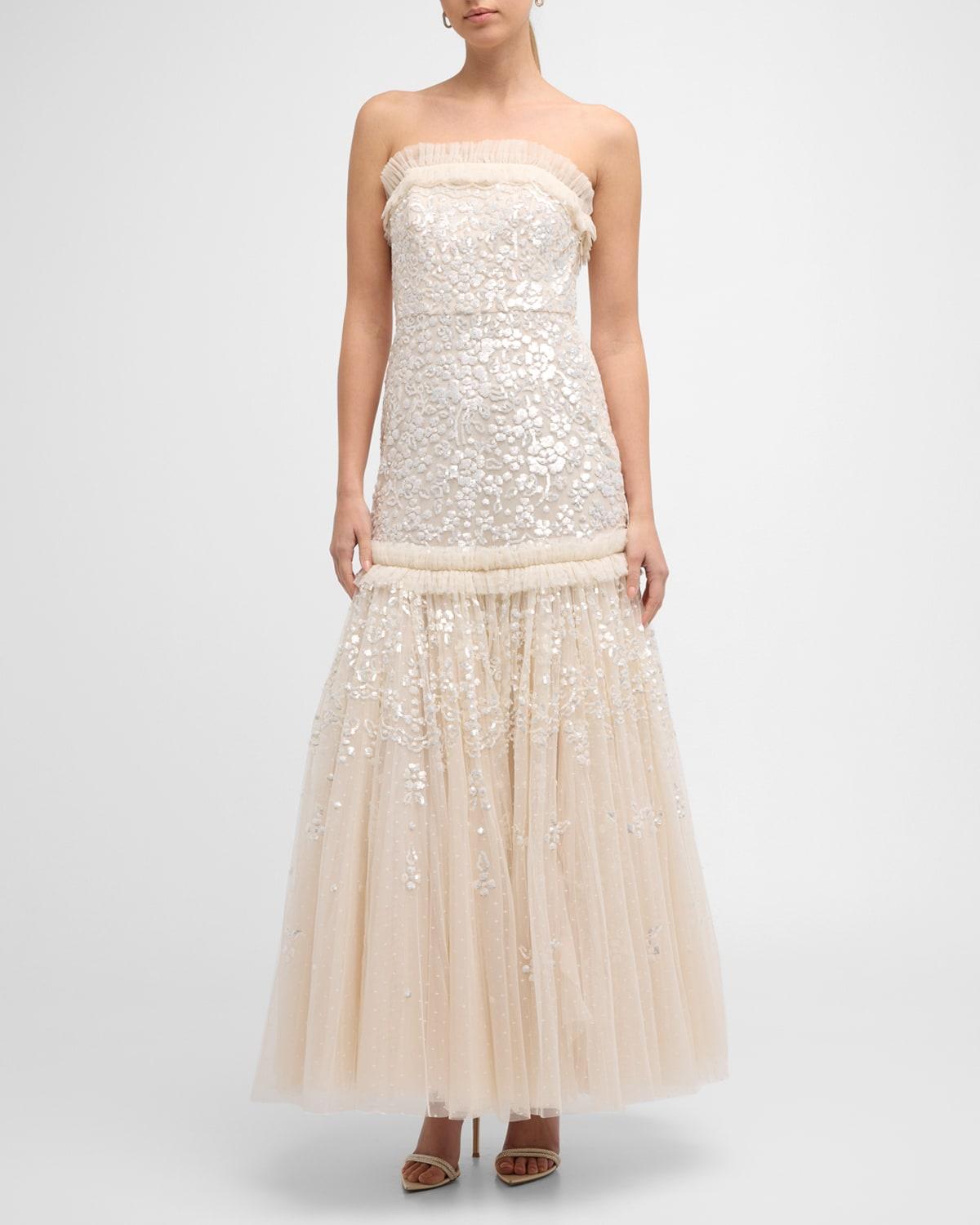 regal rose strapless floral sequin tulle gown