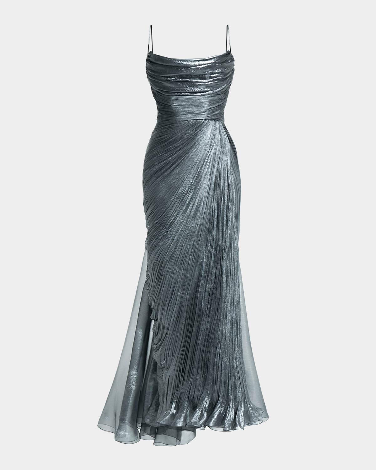 regina cowl-neck metallic plisse ankle gown