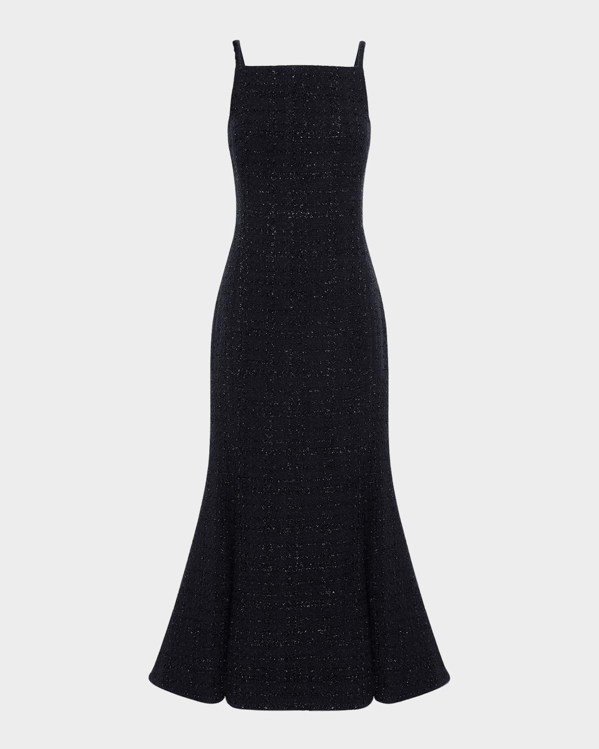 regina square-neck shimmer tweed midi dress