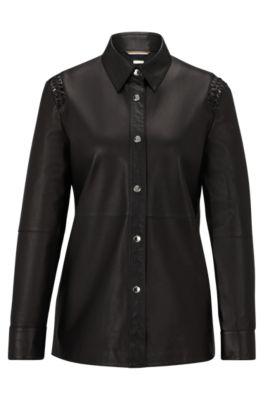 regular-fit blouse in leather with woven details- black women's casual blouses