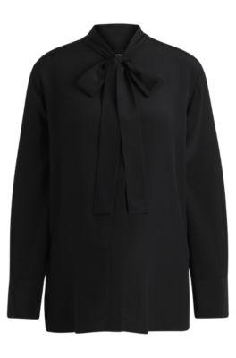 regular-fit blouse in silk with bow-tie collar- black women's business blouses