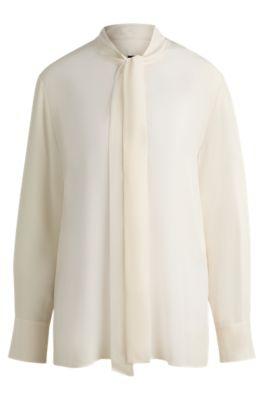 regular-fit blouse in silk with bow-tie collar- white women's business blouses