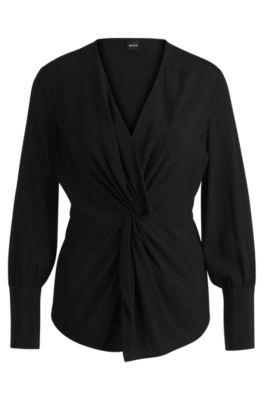 regular-fit blouse in silk with twist front- black women's business blouses