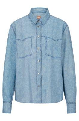 regular-fit blouse with denim-effect print- light blue women's business blouses