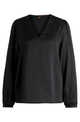 regular-fit blouse with v neckline in hammered satin- black women's business blouses