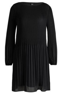 regular-fit dress with pliss pleats and crew neckline- black women's business dresses