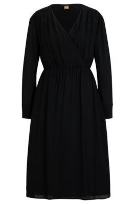regular-fit dress with wrap front and button cuffs- black women's business dresses