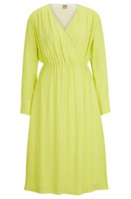 regular-fit dress with wrap front and button cuffs- yellow women's business dresses