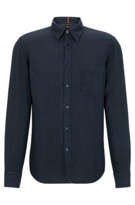 regular-fit shirt in linen canvas with barrel cuffs- dark blue men's casual shirts