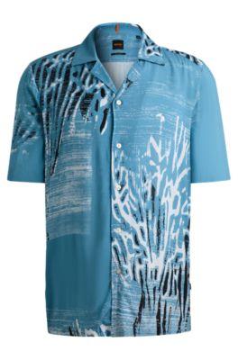 regular-fit shirt in printed twill with camp collar- light blue men's casual shirts