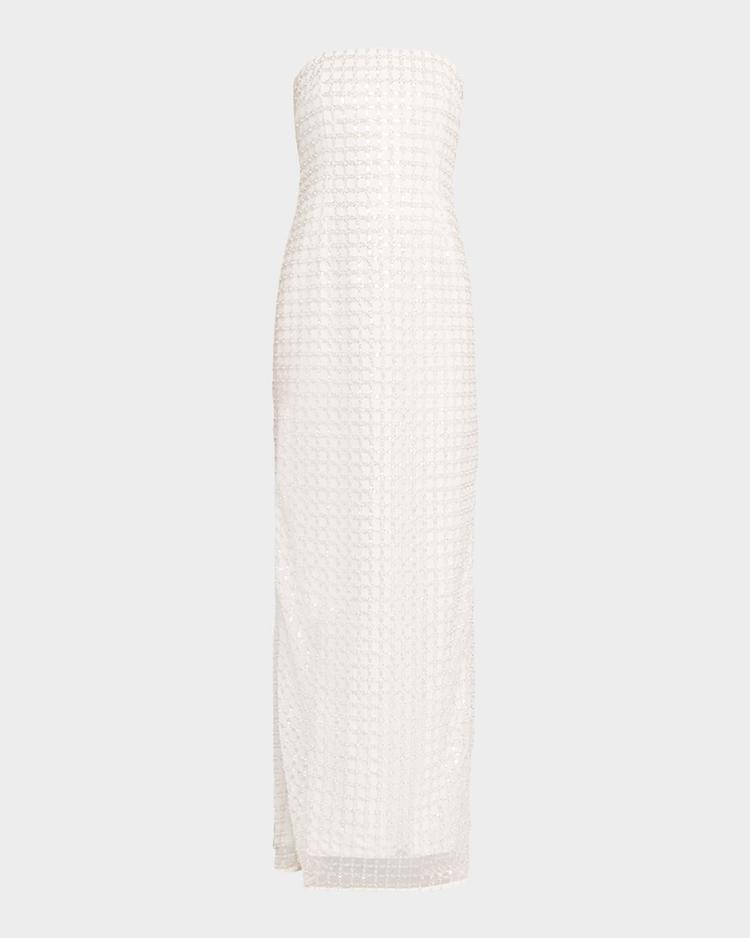 Reign Strapless Bead & Sequin Column Gown – A white strapless gown featuring grid-patterned beading and sequins, with a column silhouette and center back slit.