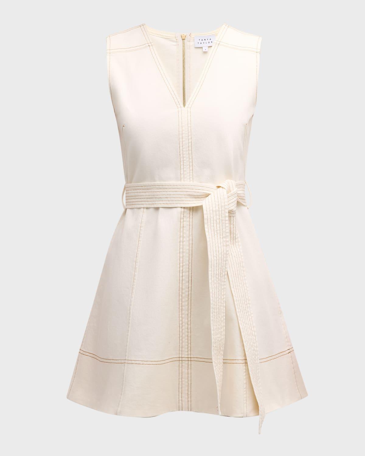 reina sleeveless belted v-neck denim mini dress