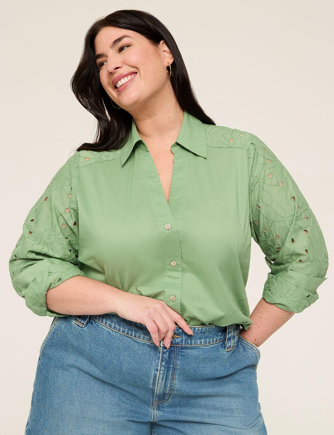 relaxed eyelet-sleeve button-down top