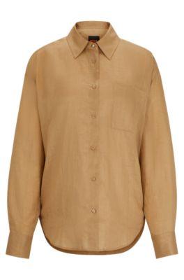 relaxed-fit blouse in ramie canvas with point collar- light brown women's business blouses