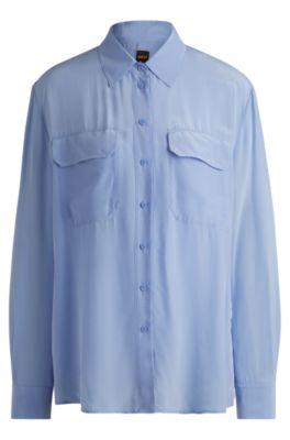 relaxed-fit blouse in sandwashed canvas with point collar- blue women's business blouses