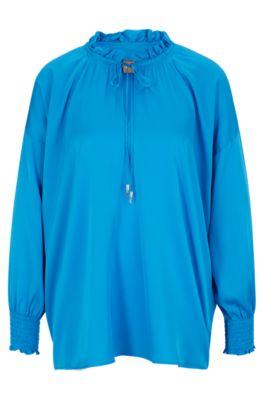 relaxed-fit blouse in stretch silk with tie front- blue women's business blouses