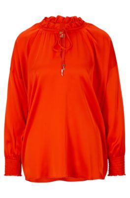 relaxed-fit blouse in stretch silk with tie front- orange women's business blouses