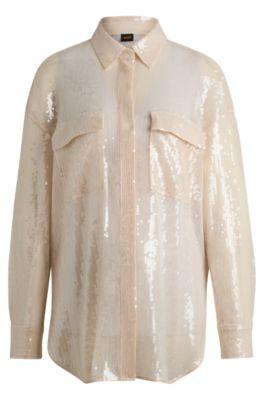 relaxed-fit blouse with sequins and point collar- light orange women's casual blouses